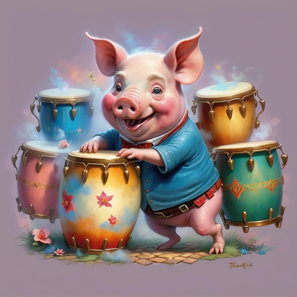 Happy Anthropomorphic Pig Playing Bongos in Ethereal Style