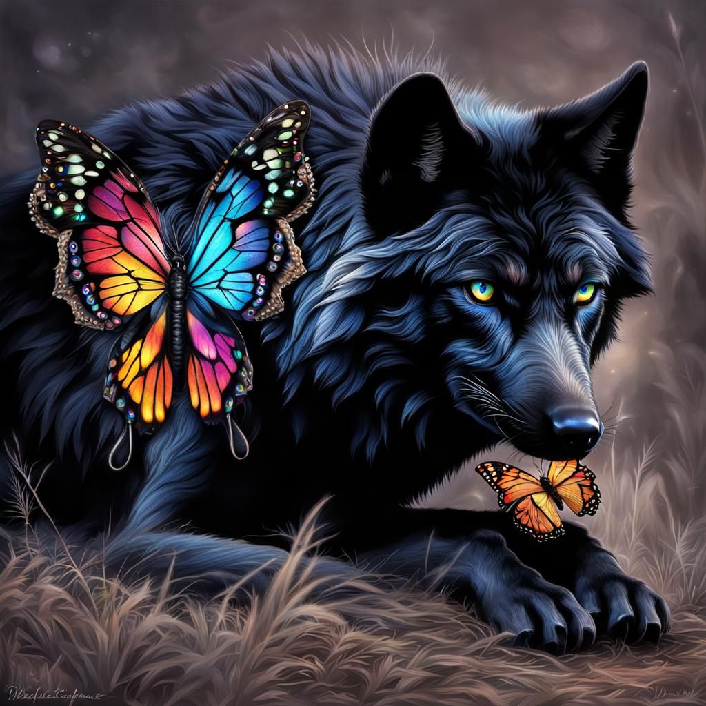 Black Wolf with Luminous Butterfly, Hyperrealistic Image