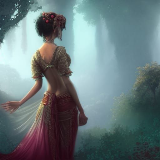 Girl in Tulle Saree: Detailed Fantasy Concept Art