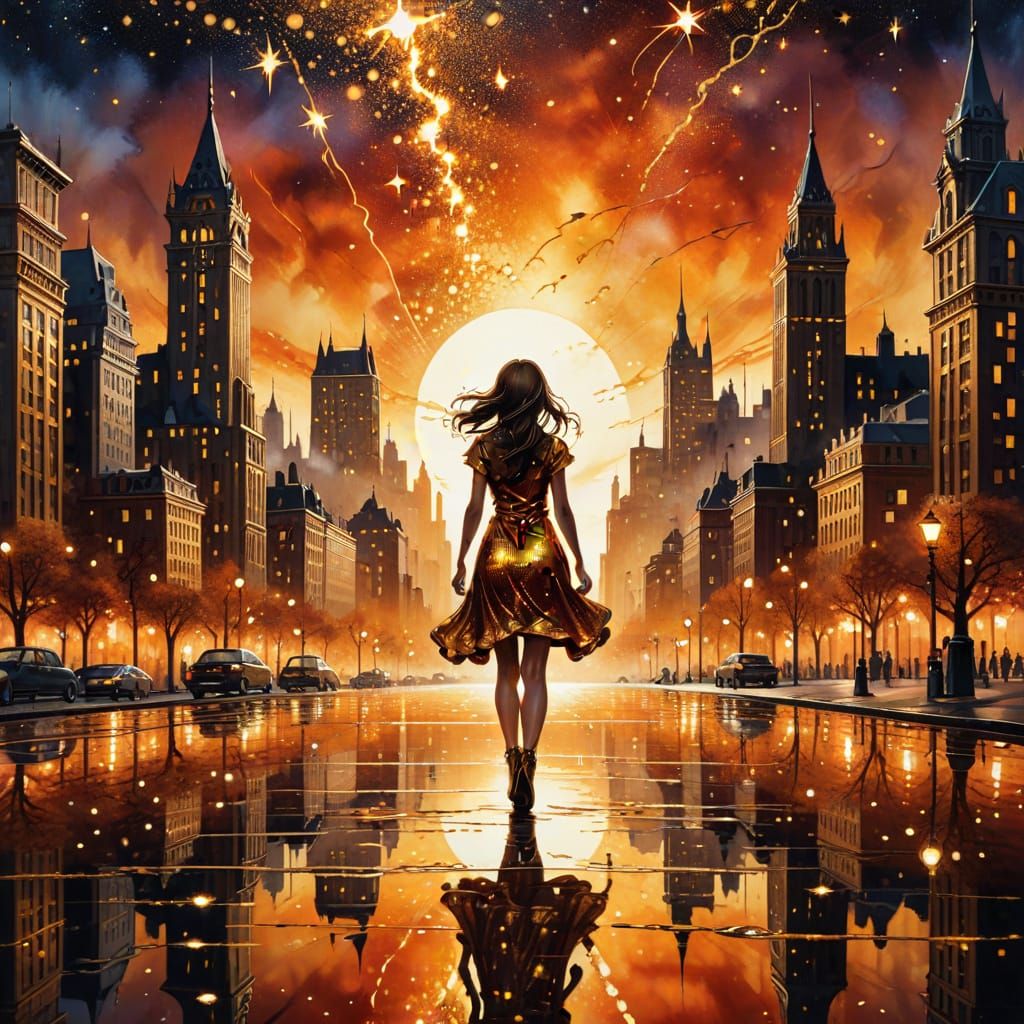 Golden Cityscape in Art Nouveau Style