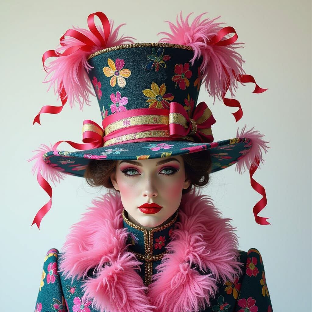 Freaky Pink Fur Hat With Silk Ribbons in Impasto Style