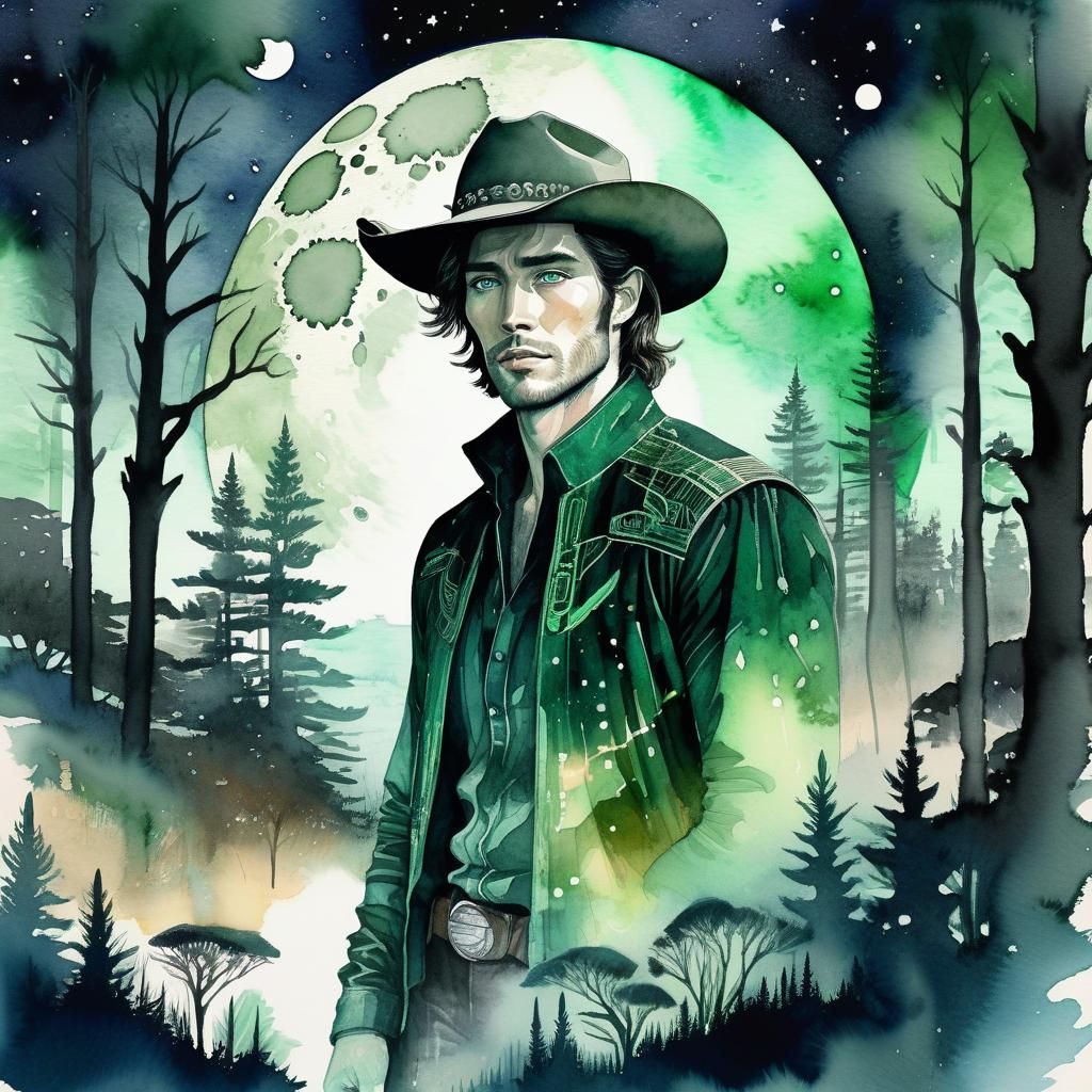 Handsome Space Cowboy Double Exposure in Watercolor