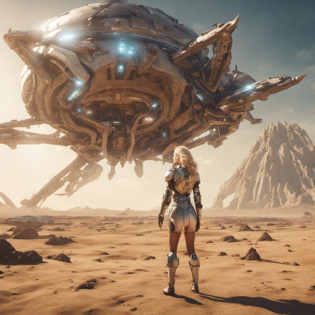 Futuristic Starship Jump Watched by Archeologist