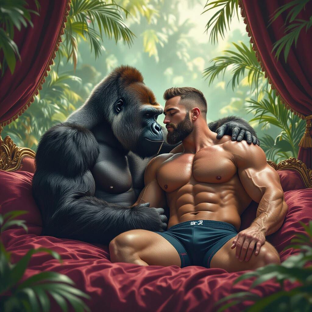 Gorilla Kissing Bodybuilder: Detailed Matte Painting