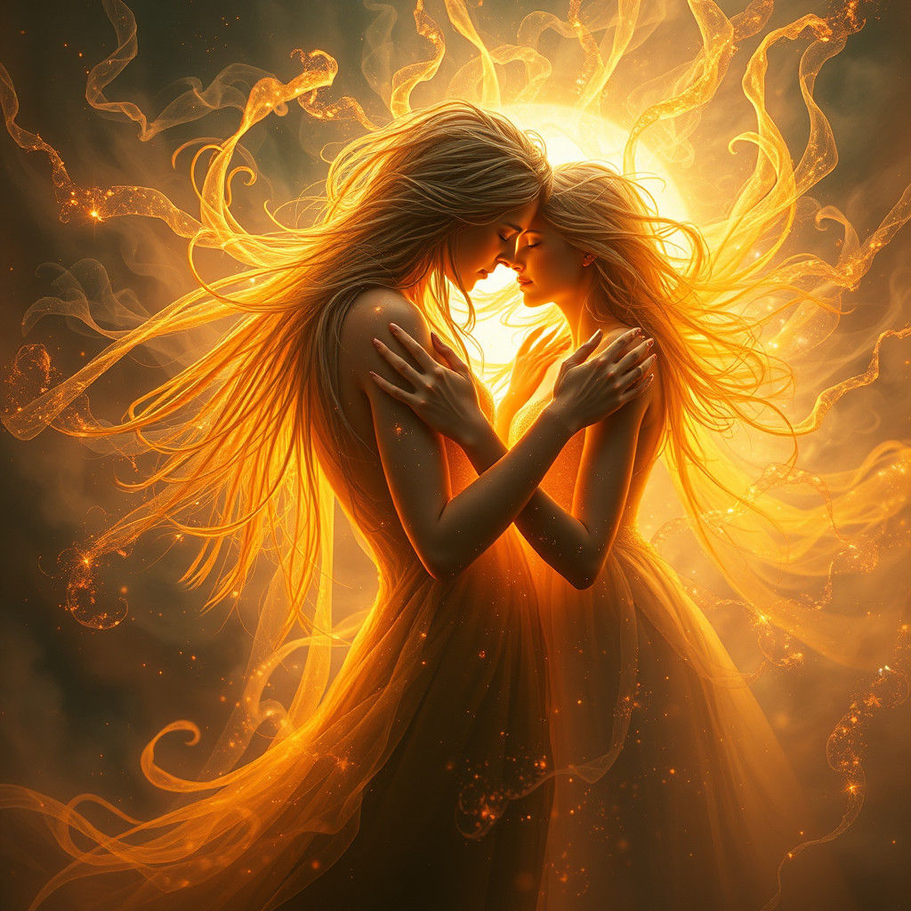 Ethereal Beings Embrace in Golden Light