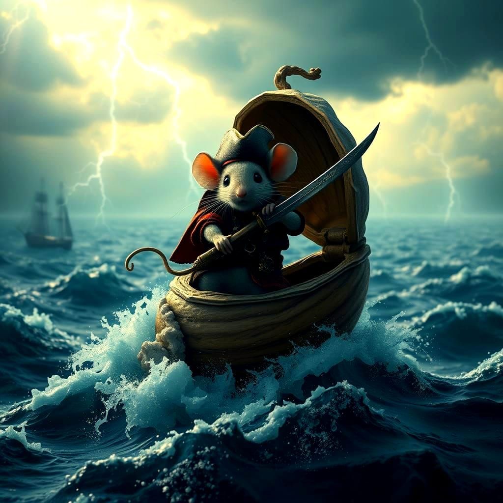 Pirate Mouse Sailing Stormy Seas: Digital Matte Painting