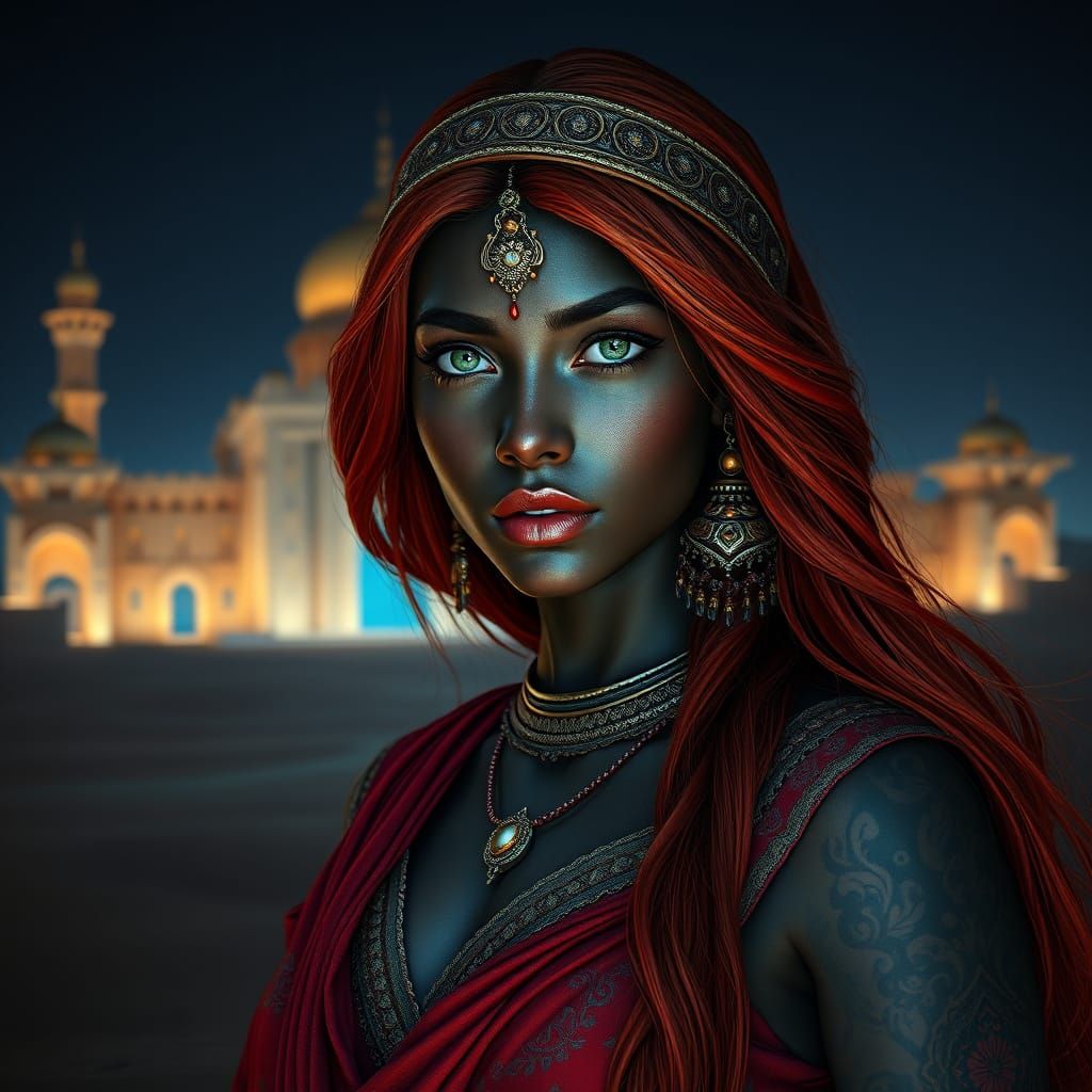 Ethereal Woman in Arab Attire at Desert Temple