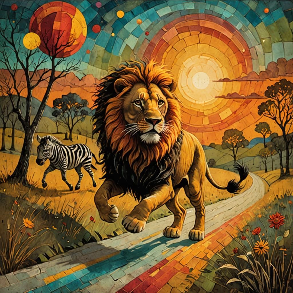 Lion and Zebra Chase in Storybook Style