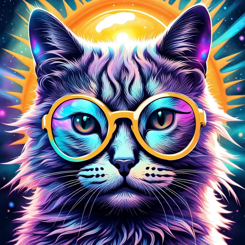Emo Cat in Sunglasses: Holographic Cosmic Illustration