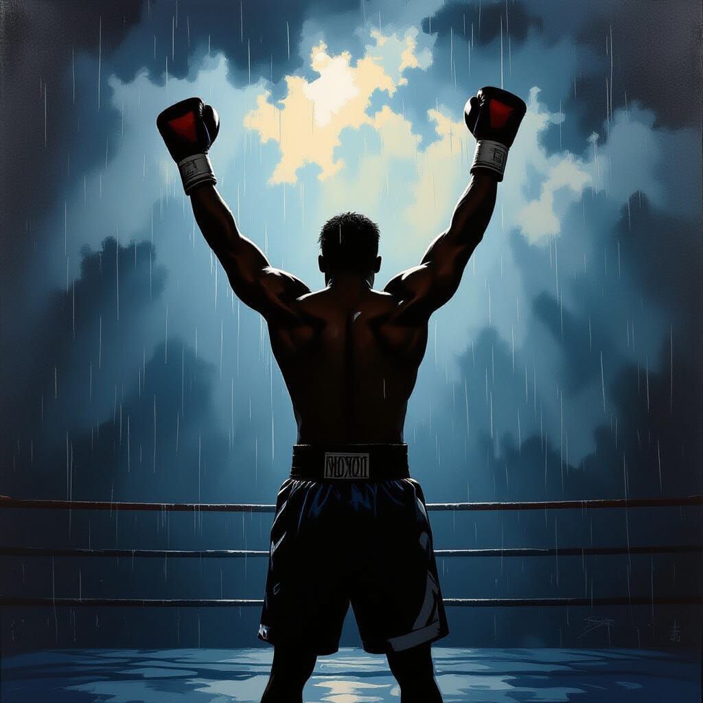 Victorious Boxer Silhouetted Against Stormy Sky as Oil Paint...
