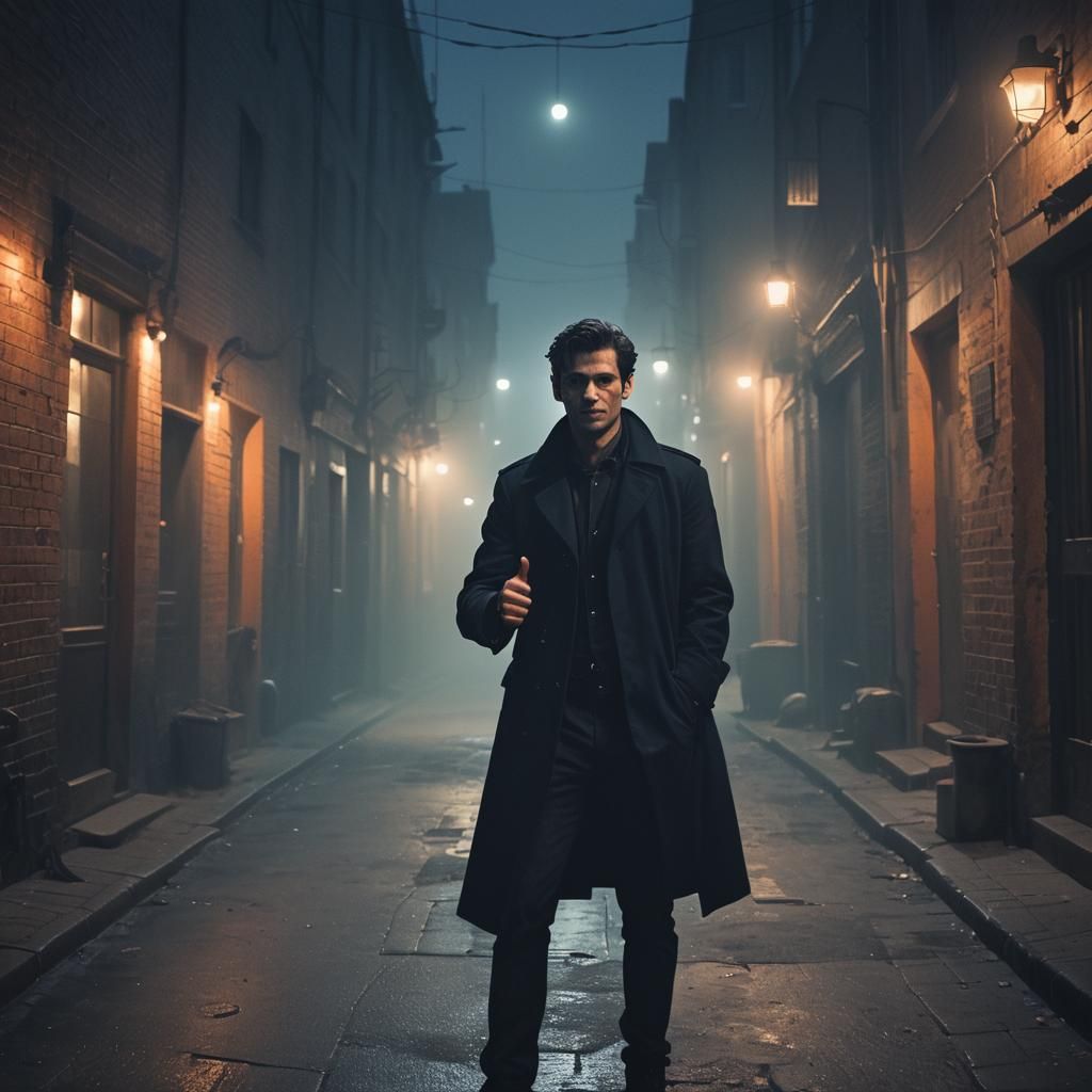 Cinematic Thumbs Up in Misty Alleyway