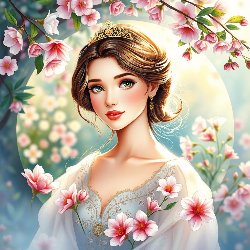 Whimsical Disney Princess in a Lush Garden, Watercolour Art