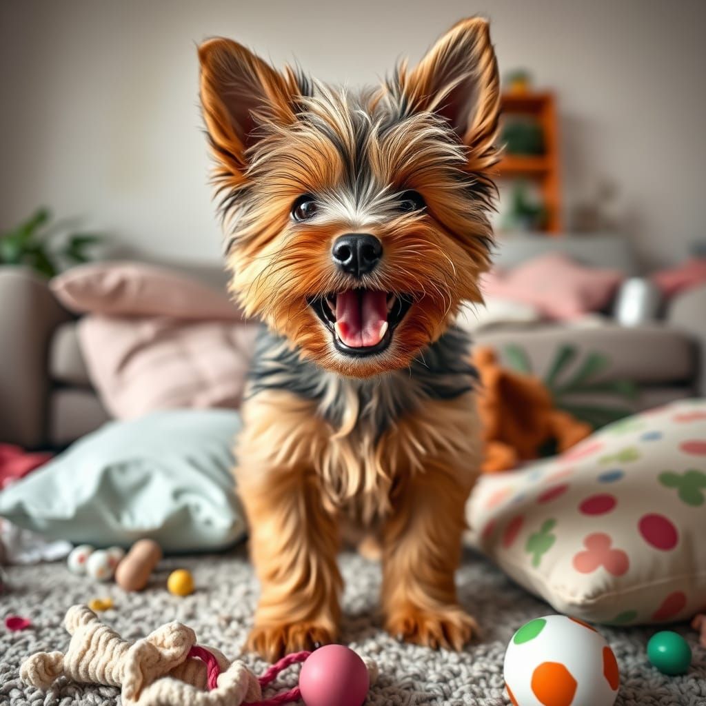 Hyperrealistic Norwich Terrier Puppy in Joyful Chaos