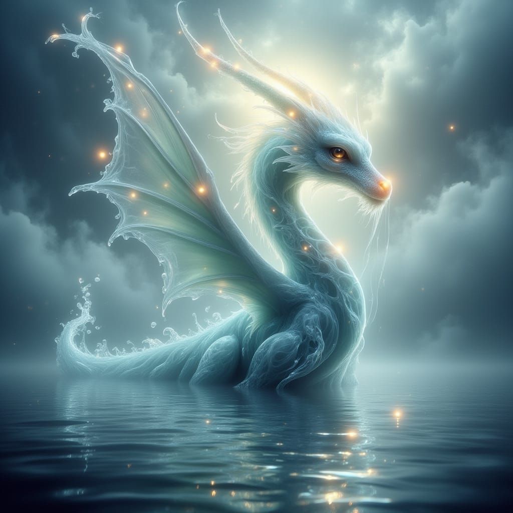 Elegant Sea Dragon Rising from Misty Lake