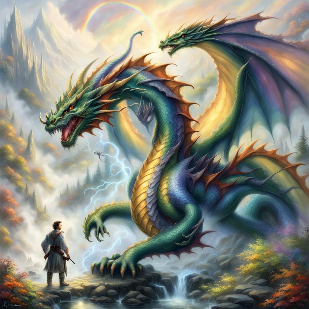 Rainbow Dragon Protecting Man: Ethereal Fantasy Art