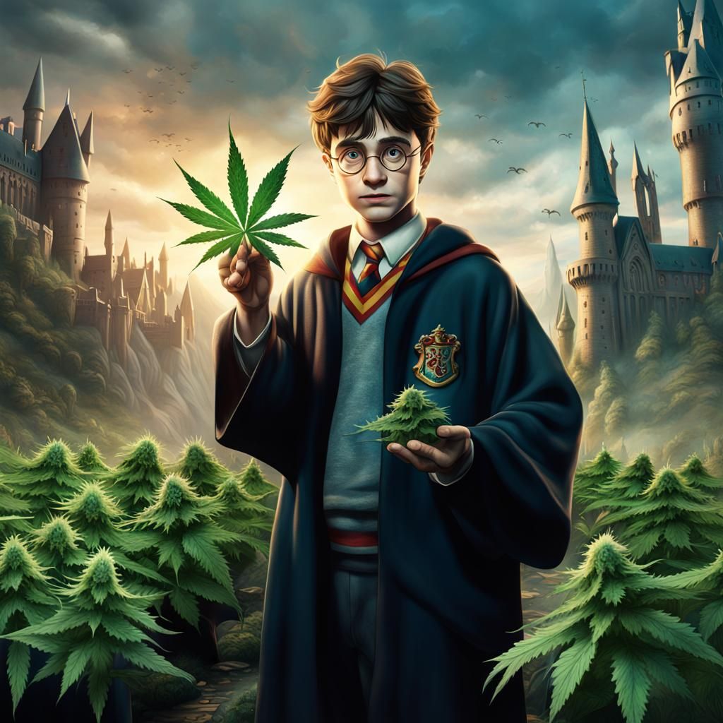 Harry Potter Holding Cannabis: Detailed Fantasy Art