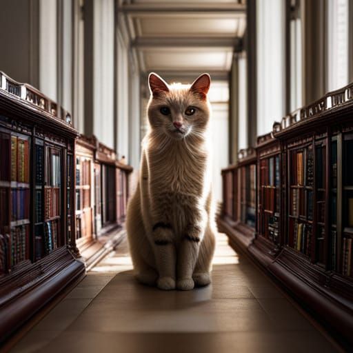 Hyperrealistic Cat in Moody Library Interior