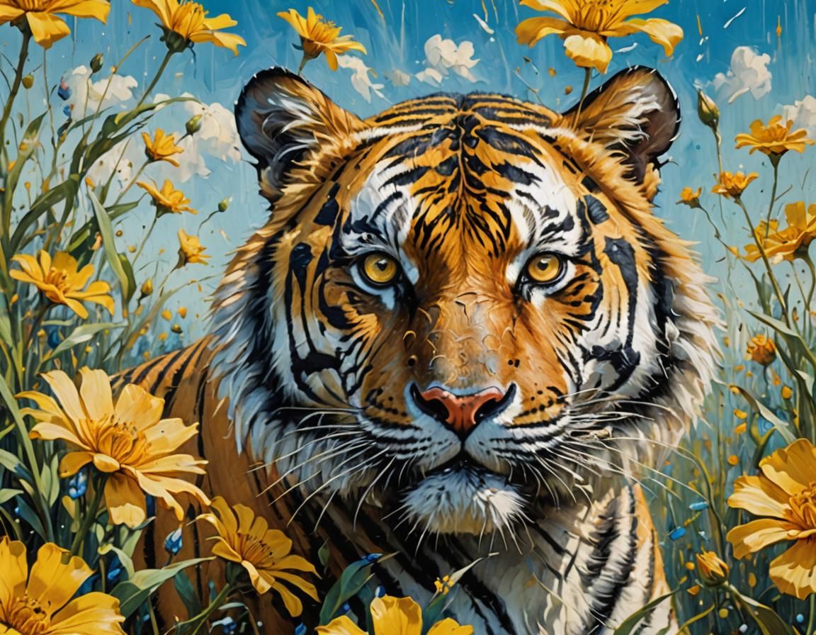 Tiger in Yellow Flower, Impressionist Oil Painting