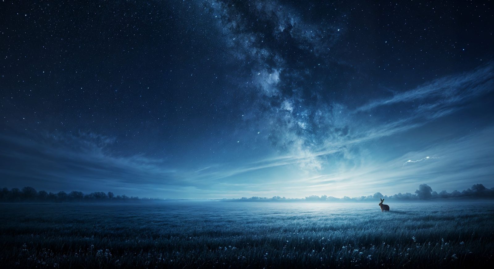 Rabbit in Distant Field at Night