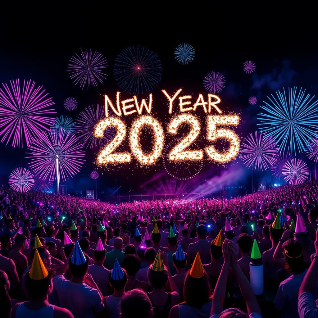 Vibrant New Year's Eve Celebration in a Futuristic Cityscape