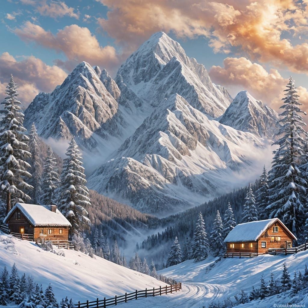 Majestic Snowy Mountain Above Clouds With Village Below