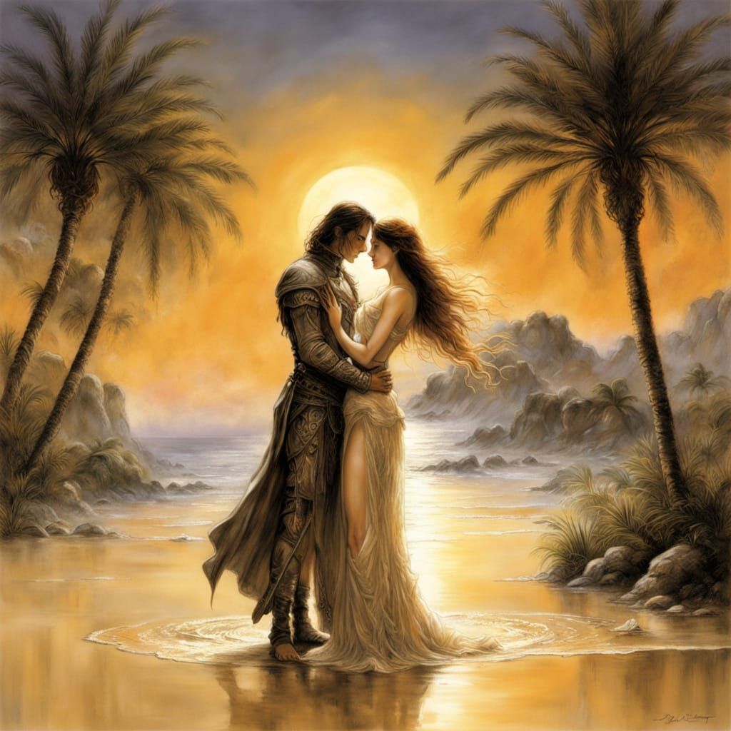 Elegant Romantic Oasis Scene with Tender Couple