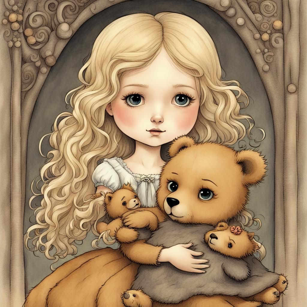 a chibi goldilocks playing with baby bear