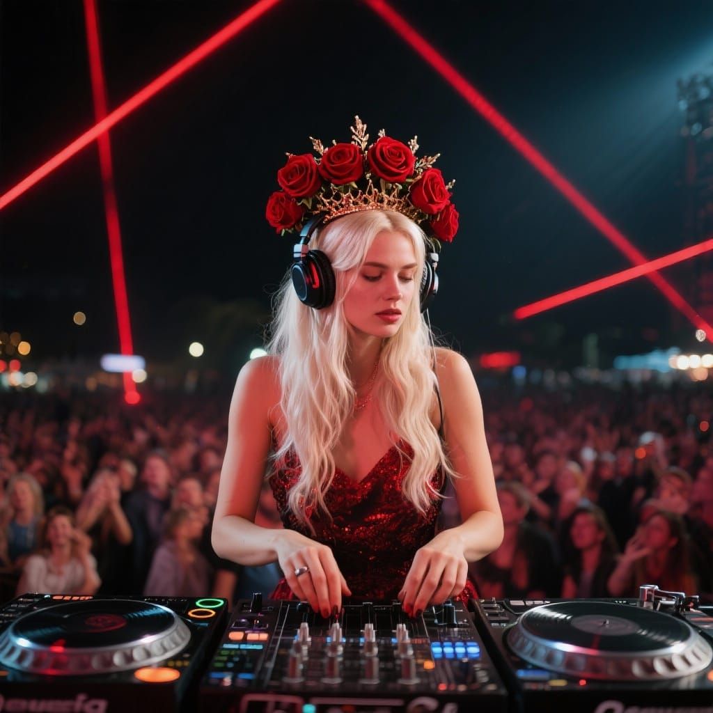 DJ Woman with Rose Crown Mixes Music for Night Crowd