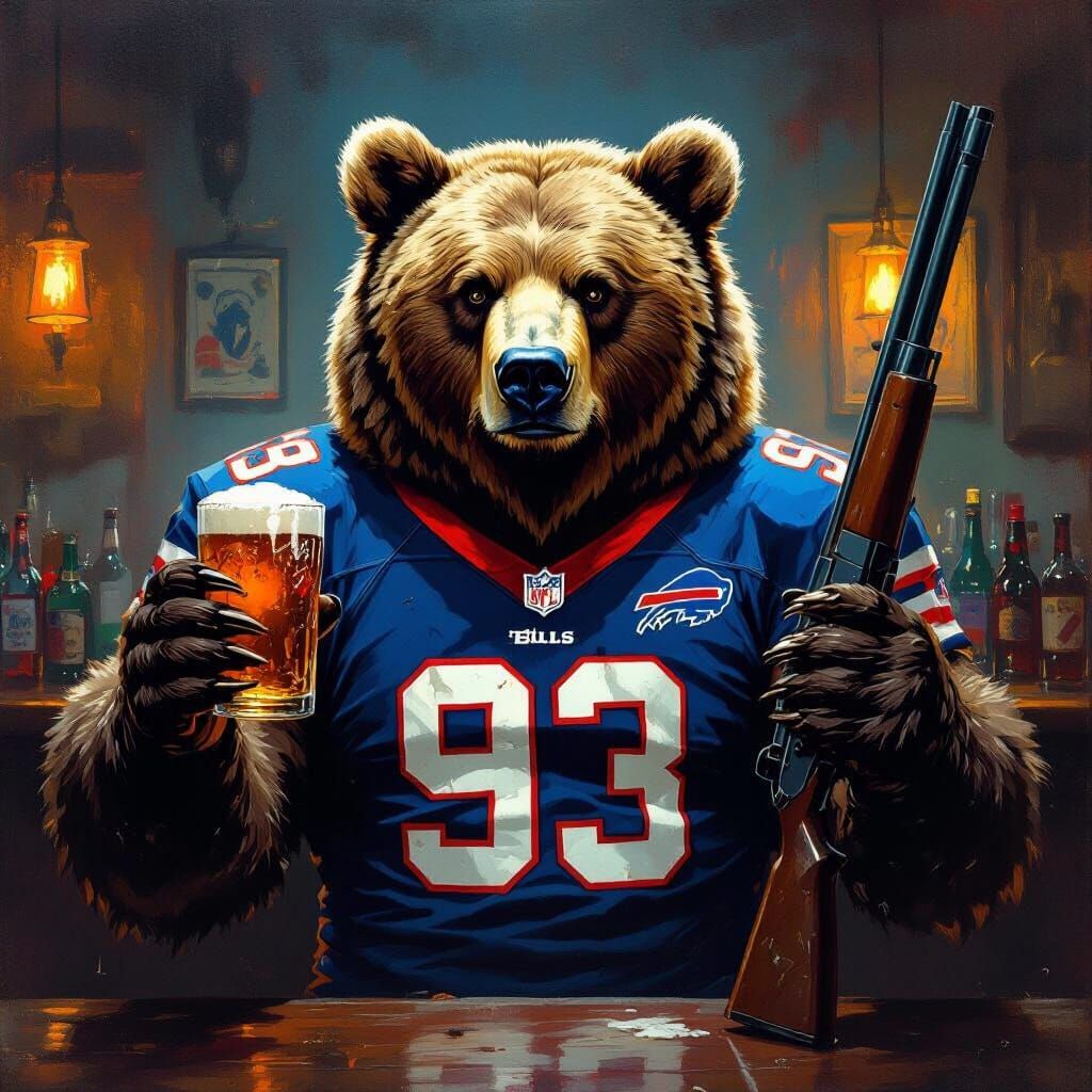 Muscular Bear in Bills Jersey with Beer and Rifle