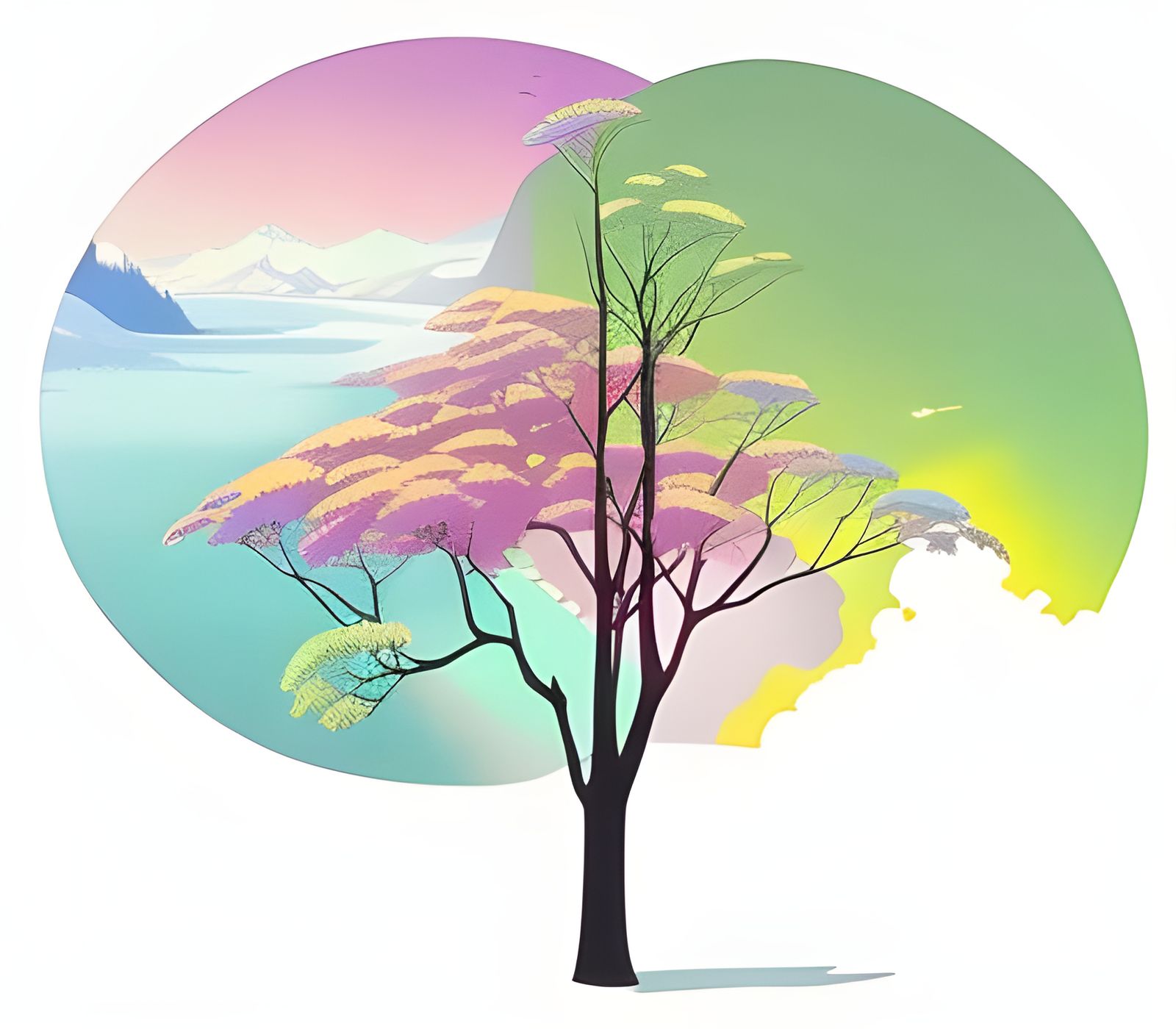 Neon Aurora Illuminates Winter Tree in Anime Style