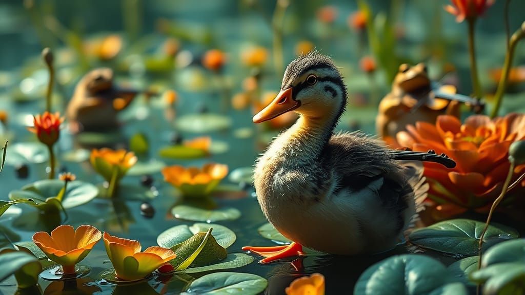 Duckling's Dance with Frog Violinists in Hyperrealistic Styl...