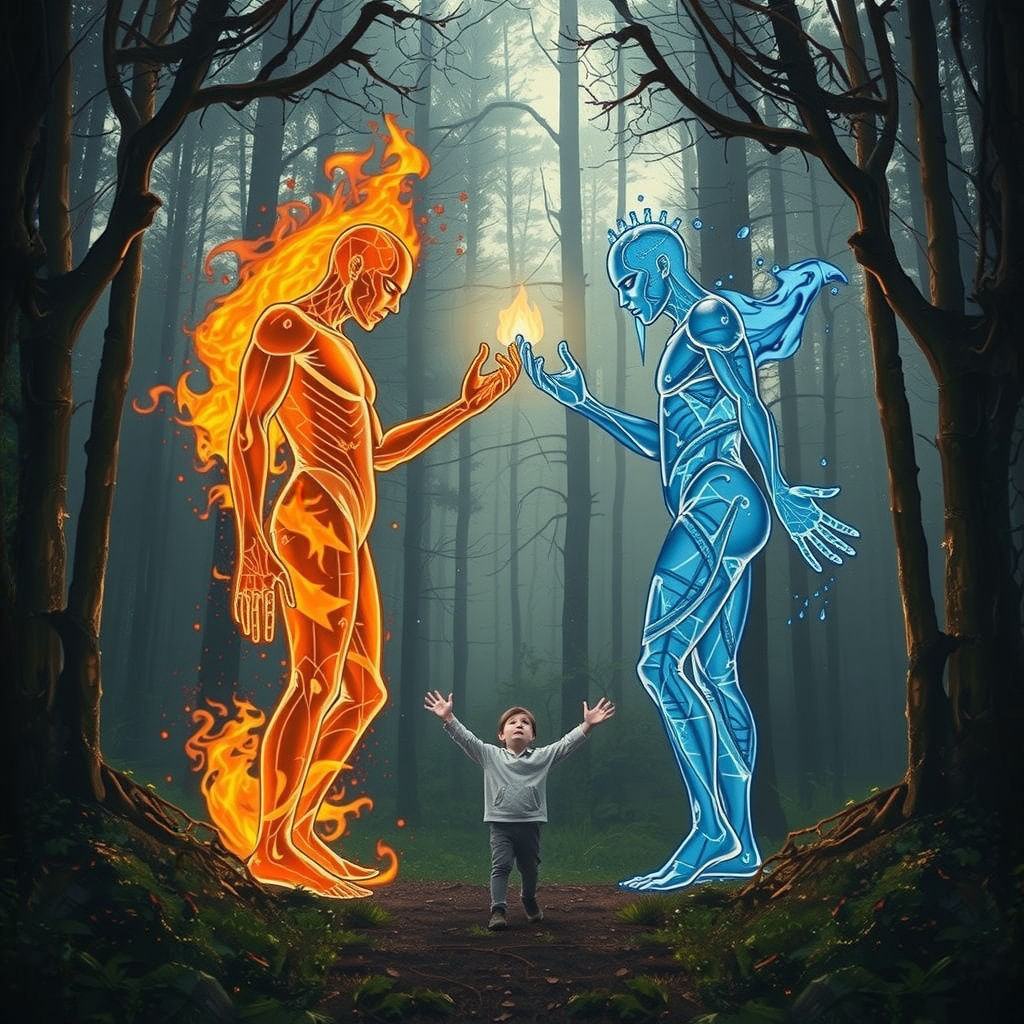 Elemental Beings and Child in Enchanted Forest