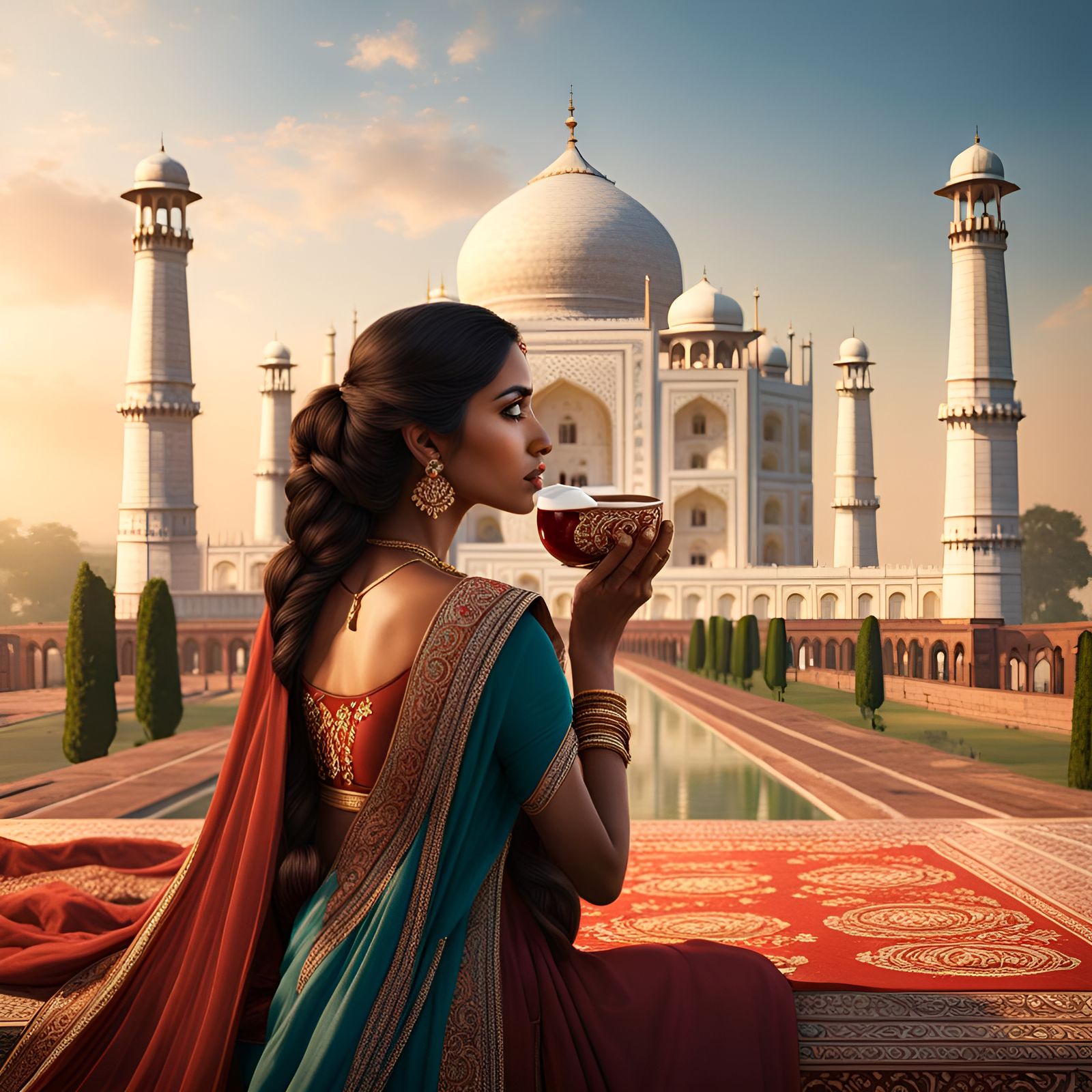 Indian Woman Drinking Chai at Taj Mahal