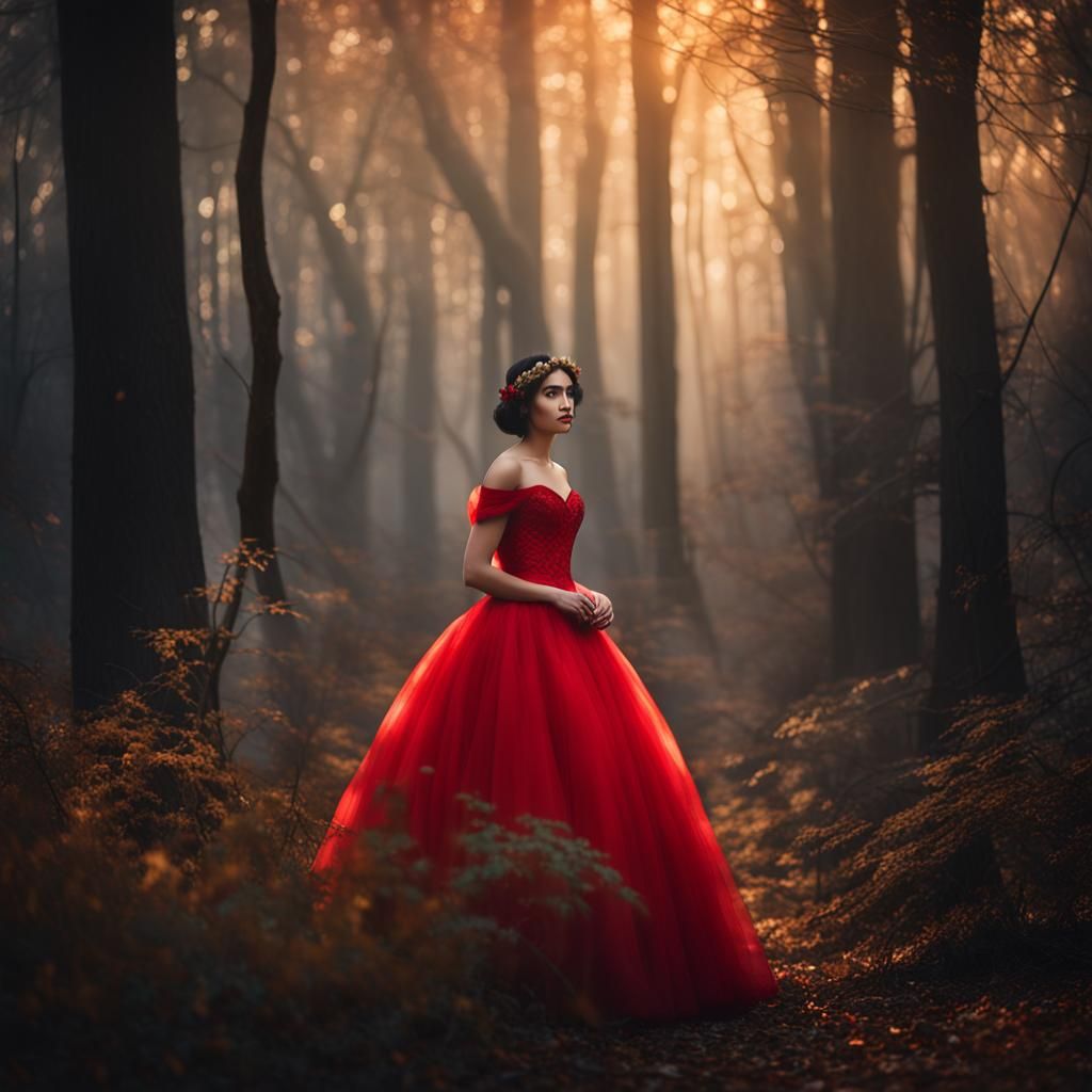 Girl in Red Gown in Misty Forest Portrait