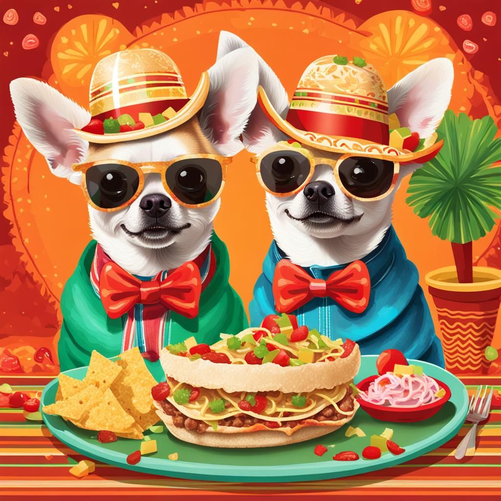 Two chihuahua on a date eating Cinco de Mayo food