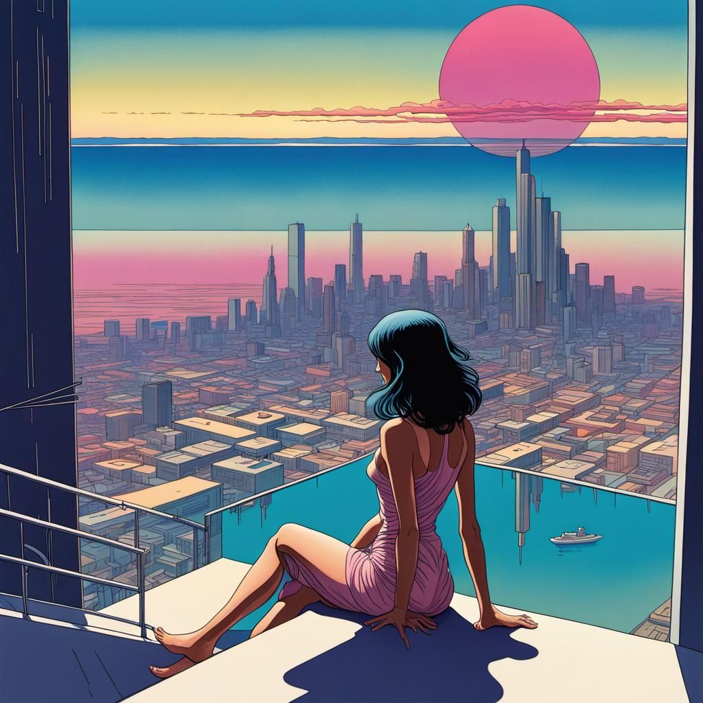 Woman Watches City Skyline in Graphic Novel Style