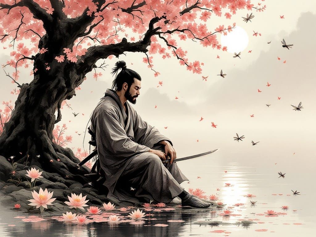 Samurai in Contemplative Repose, Traditional Japanese Sumi-e...