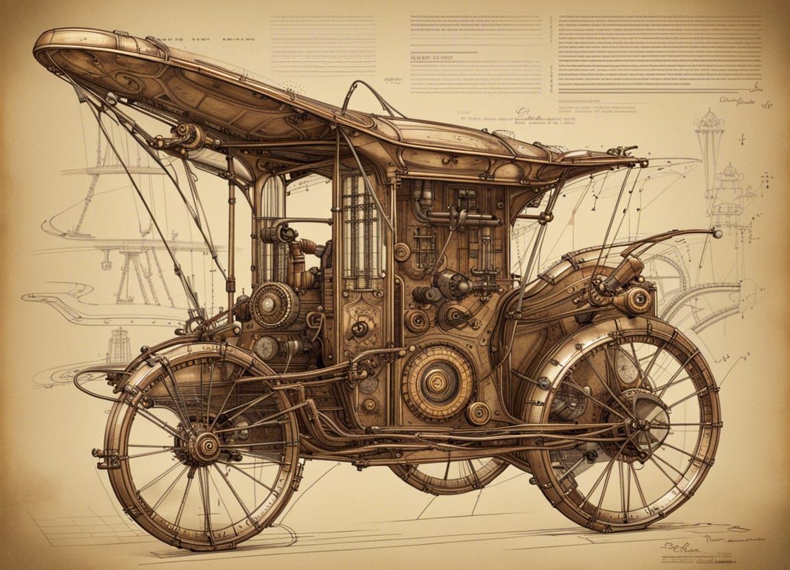 Steampunk Flying Rickshaw Blueprint in Leonardo da Vinci Sty...
