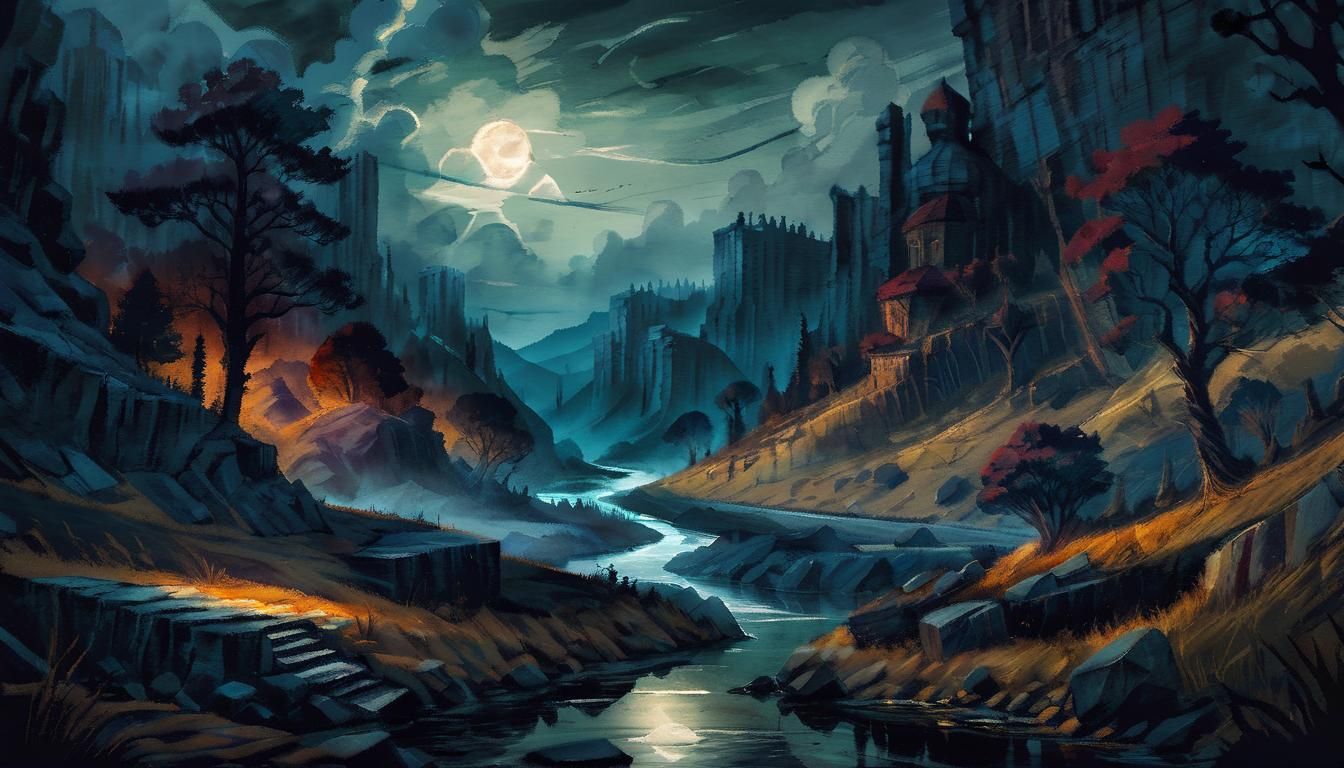 Dark Fantasy Valley Landscape in Watercolor Style
