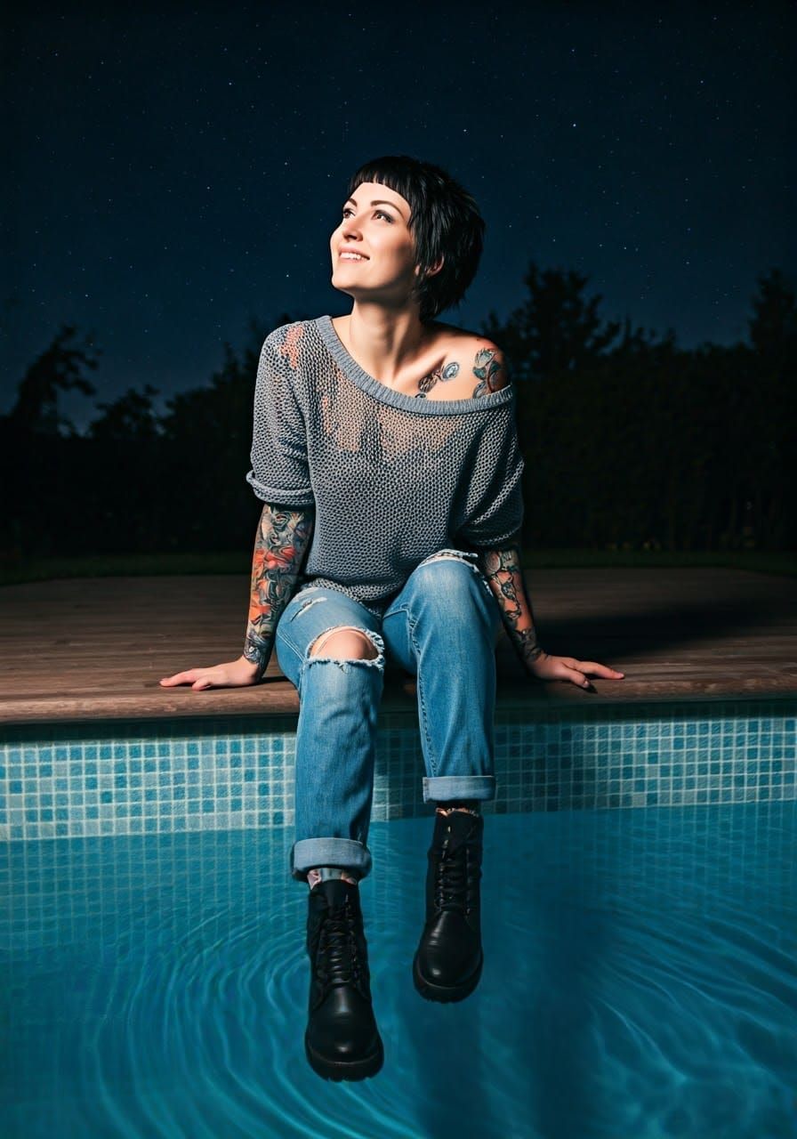 Sultry Nighttime Portrait of a Tattooed Woman