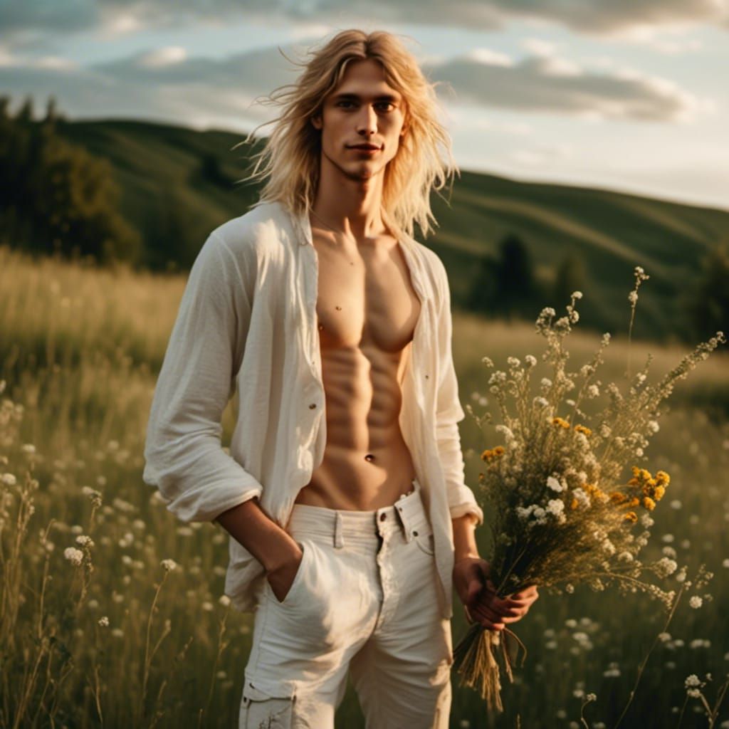 Summer Meadow Portrait of Man with Flowers