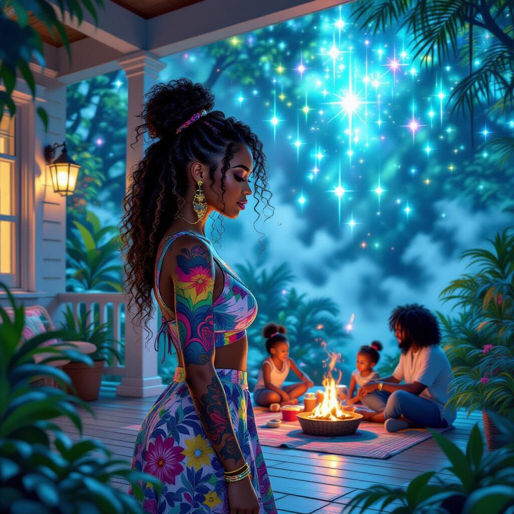 Family Picnic in Bioluminescent Rainforest, Lisa Frank Style