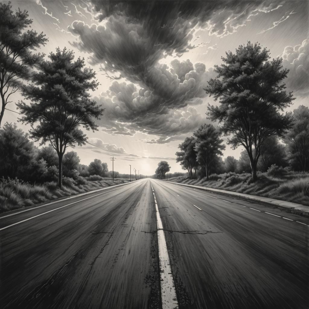 Monochrome Roadway in Charcoal Drawing Style