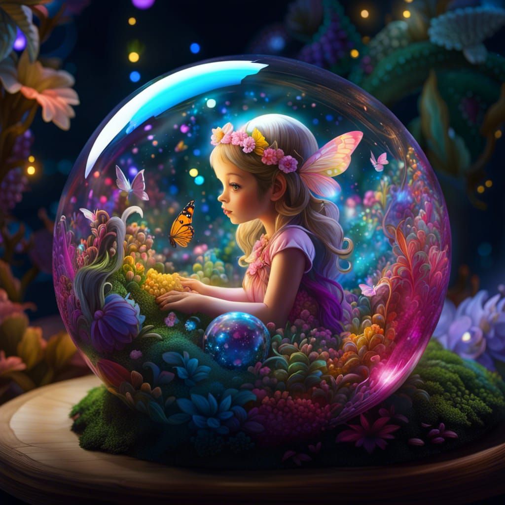 Cute Fairy Trapped in Glass Ball: Digital Art