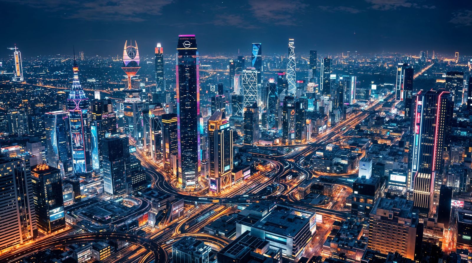 Glowing Metropolis in Cyberpunk Nighttime