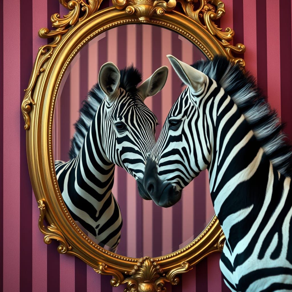Zebra Gazing at Reflection in Baroque Mirror