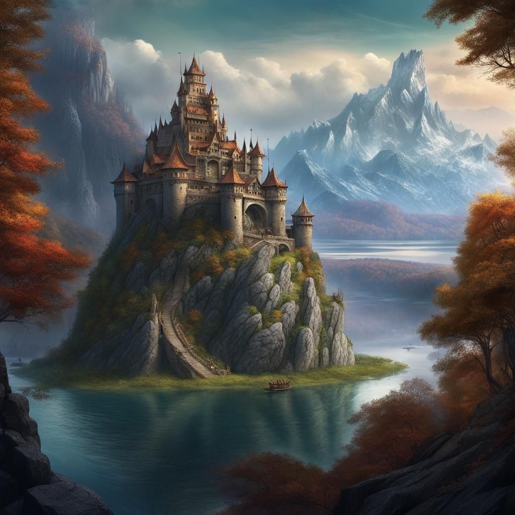 Majestic Mountain Fortress on Lake: Matte Painting