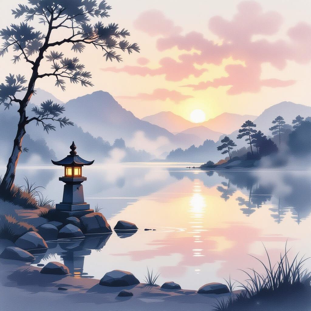 Tranquil Dawn Landscape with Glowing Lantern and Pastel Sky