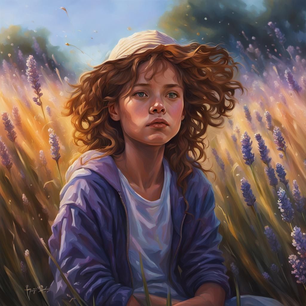 Girl in Lavender Field, Hyperrealistic Splash Art