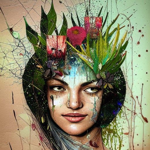 Botanist Portrait with Flowers, Torn Paper Collage